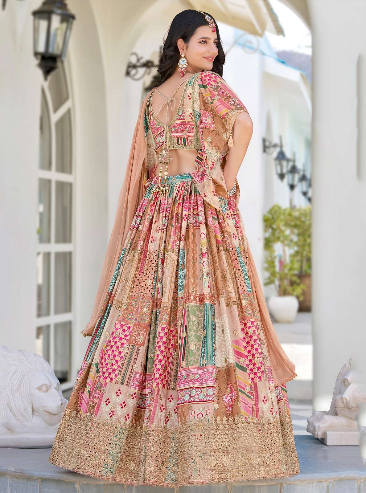  Beige Multicolor Chinnon silk Heritage and flower Print on Lehenga Choli reseller in surat 7050 Beige